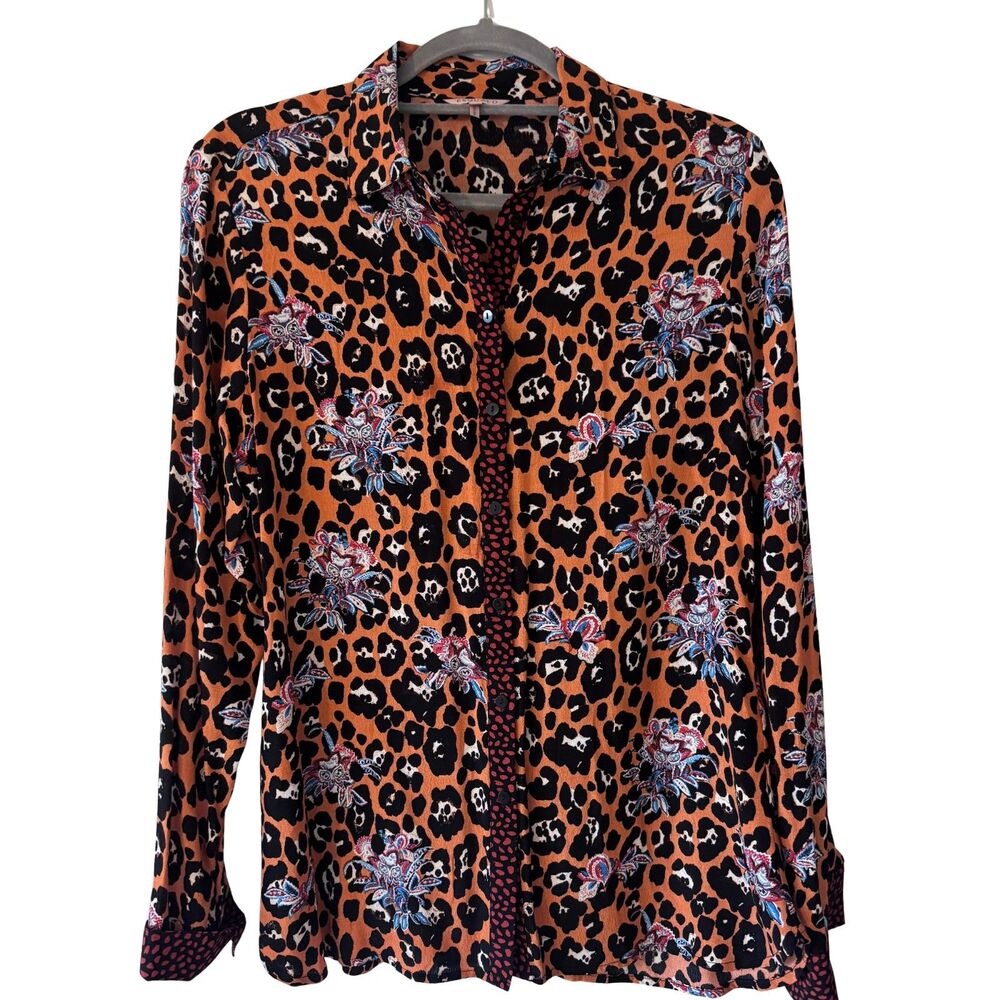 Esqualo Artsy Multicolor Abstract Animal Print Button Down Top Sz 6
